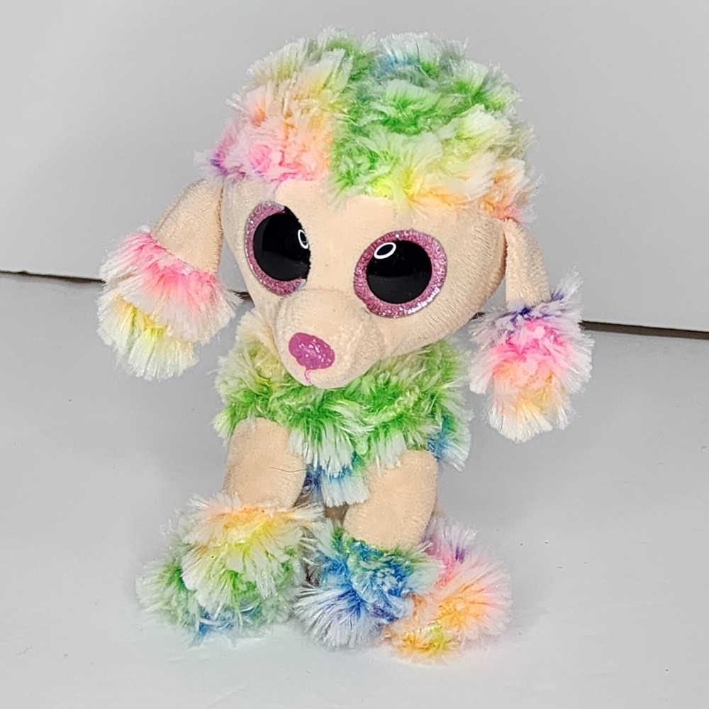 Ty Beanie Boos RAINBOW Poodle Dog Glitter Eyes Plush Bean Bag 6"